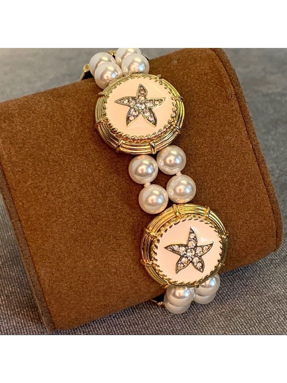 Vintage Butler Faux Pearl Starfish Bracelet Gold Tone & Enamel